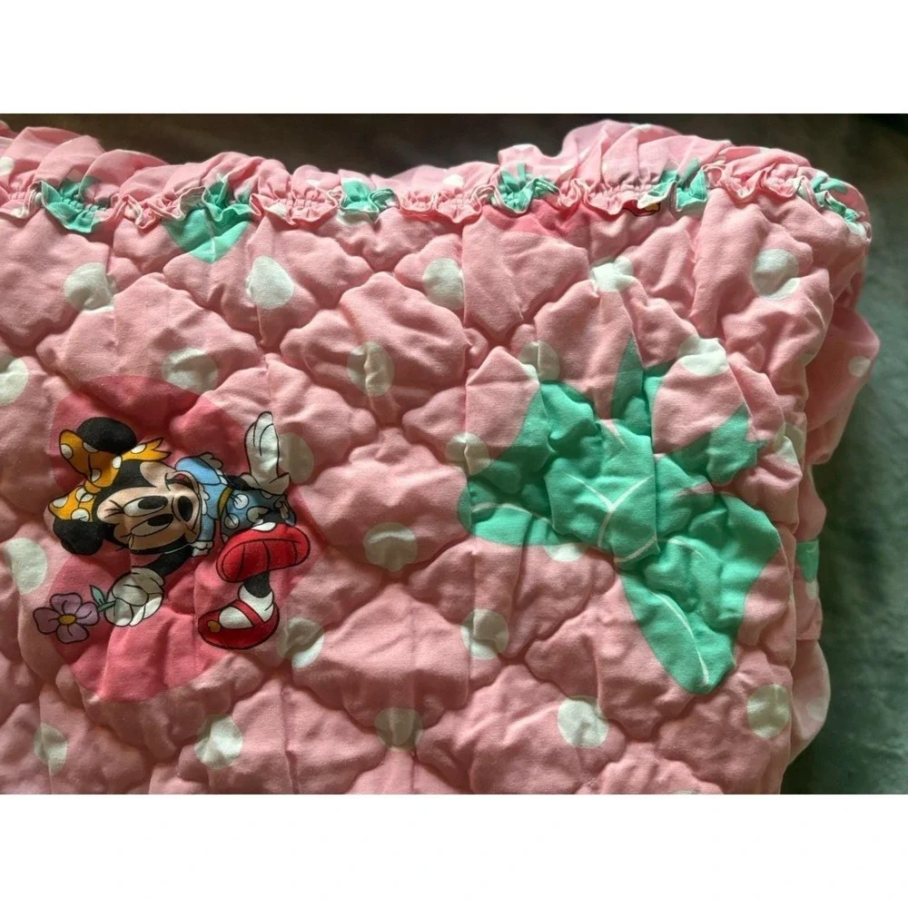 Vintage 90s Minnie Mouse Twin Bedspread Ruffle Coverlet Quilt Pink Polka‎ Dot